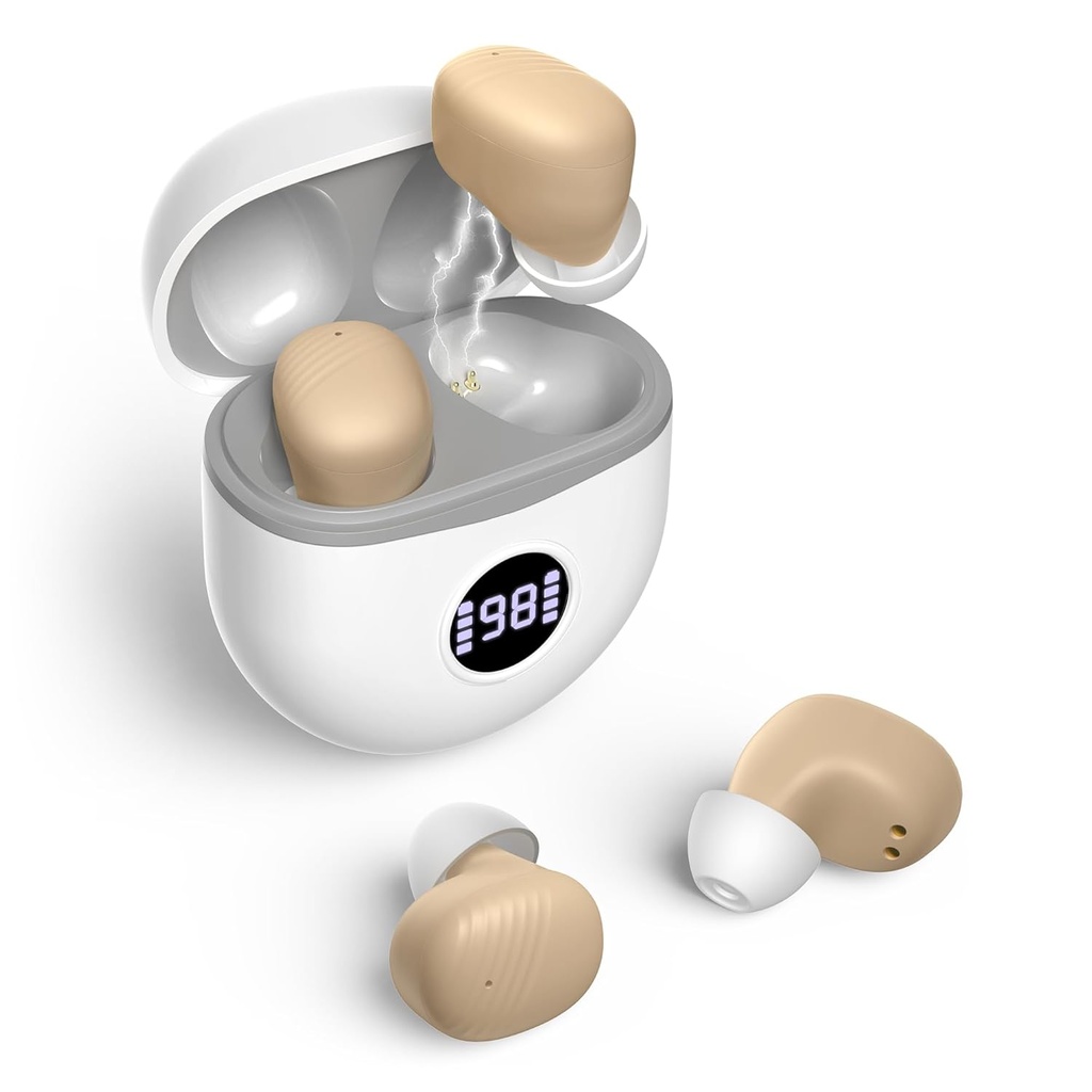보청기, 충전식 보청기, 노이즈 캔슬링, 소형 귀에서 충전식 보청기 업데이트 최대 이득 40dB Oval 충전 케이스 LED 전원 디스플레이, 베이지