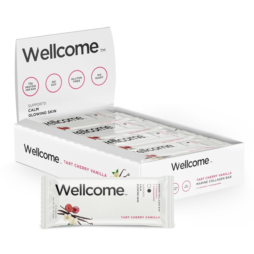 Wellcome Tart Cherry Vanilla Marine Collagen Protein Bar with Ashwagandha and L-Theanine - Adaptogenic Snack Bar - 기능성 활성 라이프 스타일을위한 낙농 무료 건강 바 (12 팩)