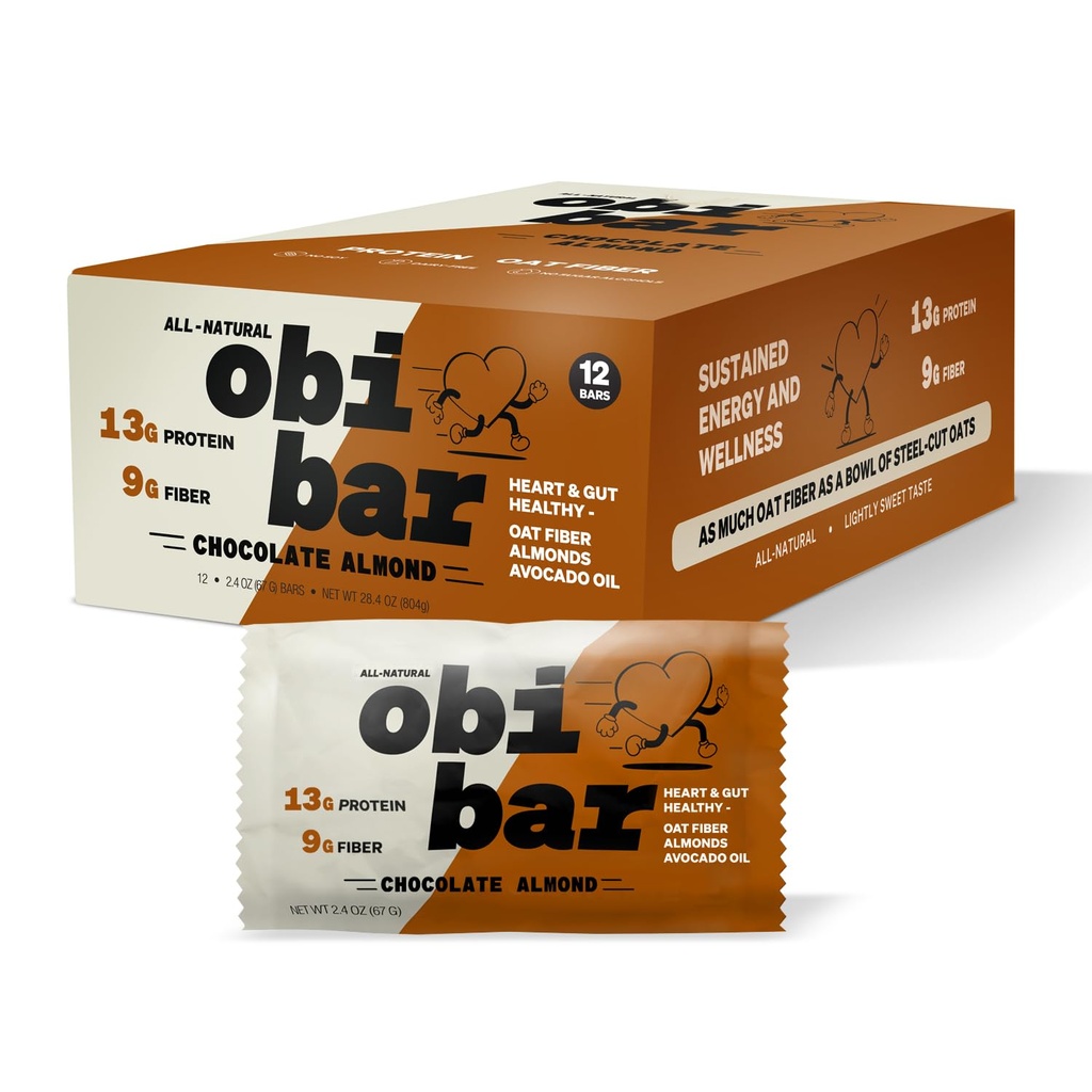 Obi Bar Chocolate Almond - Protein and Oat Fiber Bar | All-Natural | 지속 가능한 에너지 | 가볍게 달콤한 맛 | 100 % 코코아, 알몬드 Chunks | AVOCADO OIL | 달걀 흰 단백질 | 콩 무료, 낙농장 무료, 설탕 알코올, 씨앗 기름 | 2.4oz, 12 팩