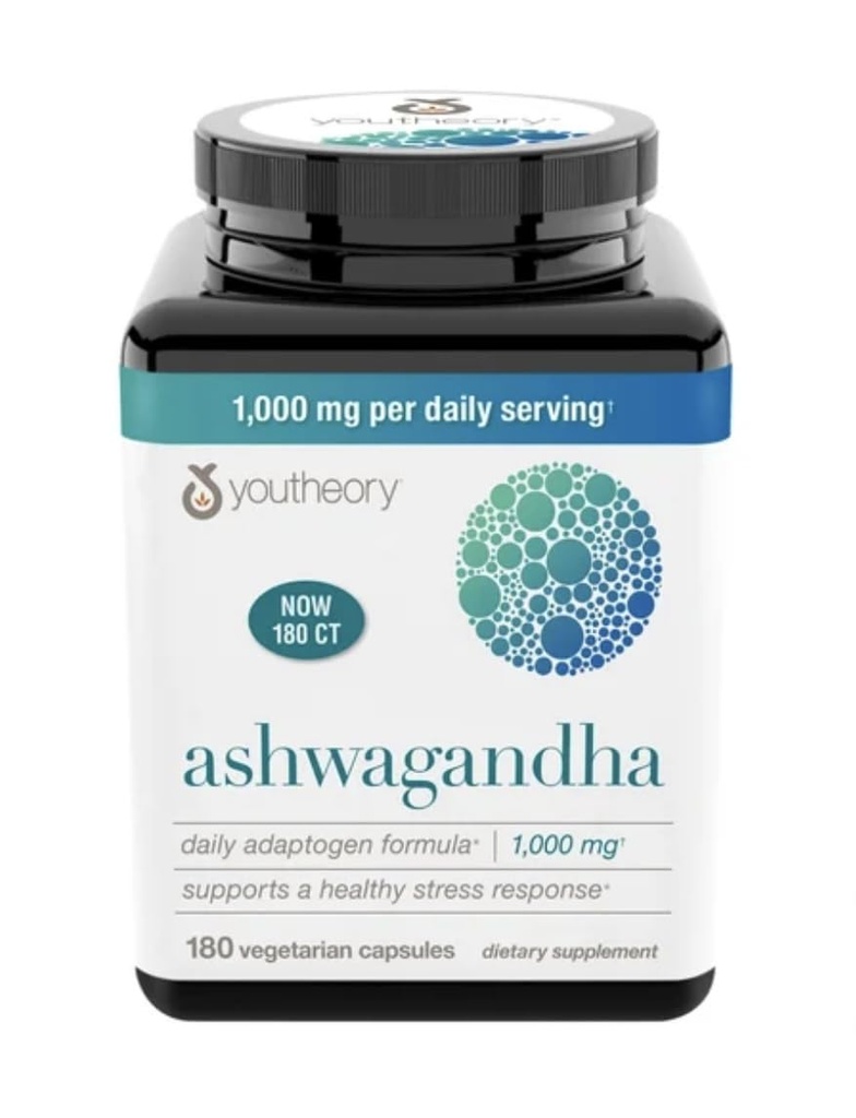 Youtheory Ashwagandha 1000mg with KSM-66 - 도움은 건강한 긴장 응답, 180의 캡슐 (팩의 1)를 지원합니다
