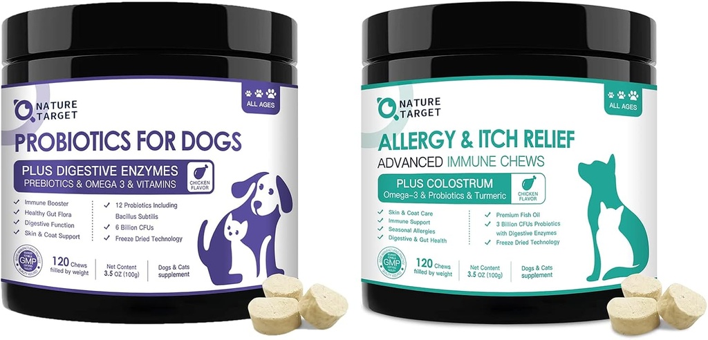 NATURE TARGET Probiotics for Dogs, Prebiotics & Digestive Enzymes, Vitamins & Omega 3 for Allergy Itch Relief, Diarrhea, Gas, Stop Pawlicking, Hot Spots, Shedding