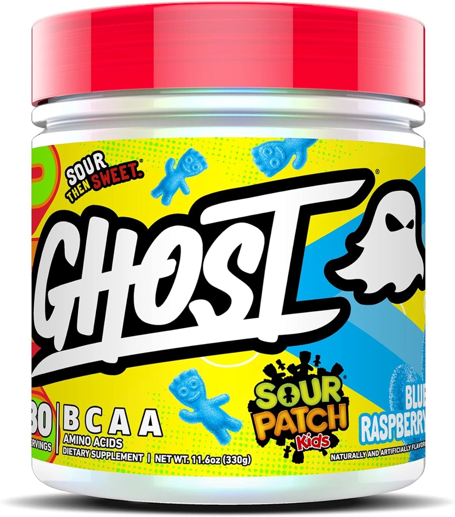 GHOST BCAA 분말 아미노산 보충교재, Sour 패치 아이 파란 라즈베리 - 30의 서빙 - 설탕 자유로운 Intra, 포스트 & 전 운동 아미노산 분말 & 회복 음료, 7G BCAA