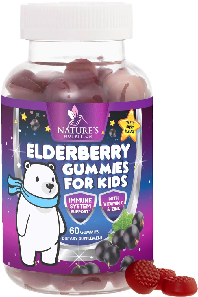 어린이 면역 지원 Elderberry Gummies - 매일 어린이 비타민 C, 아연 및 어린이 면역 지원 거미 - 자연의 Sambucus Elderberry 보충, Vegan, 글루텐 - 무료, 맛있는 베리 맛 - 60 구미