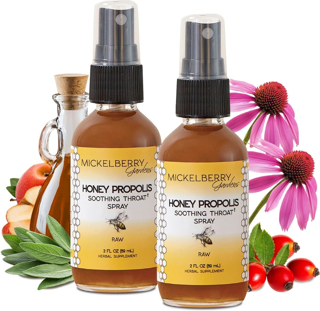 Mickelberry Gardens Honey Propolis Throat Spray - Soothing Sore Throat Relief & Propolis Immune Support for Adults & Kids - 허브 및 꿀 포뮬러 (2 온스, 2 팩)