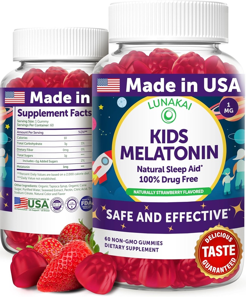 Lunakai USA Made Kids Melatonin Gummies 1mg - 어린이 2 + - Non-GMO, Vegan, 글루텐 프리 - 60 개를위한 안전하고 자연스러운 수면 보조