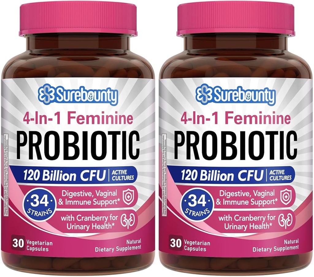 여성, 120 억 CFU 34 Strains, Prebiotics, 소화 효소, Cranberry, 4-in-1 Feminine Probiotics, Digestive, Vaginal, Immune 지원, 60ct (팩 2)
