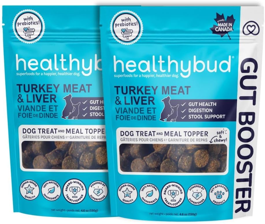 Healthybud Turkey Dog Probiotic Chews - Gut Health Support - Prebiotic, Fiber & Vitamin, 촉감 자극적 자극을 위한 Puppy Liver Bits, Dog Stool Hardener (팩 2 팩 당 4.6oz)