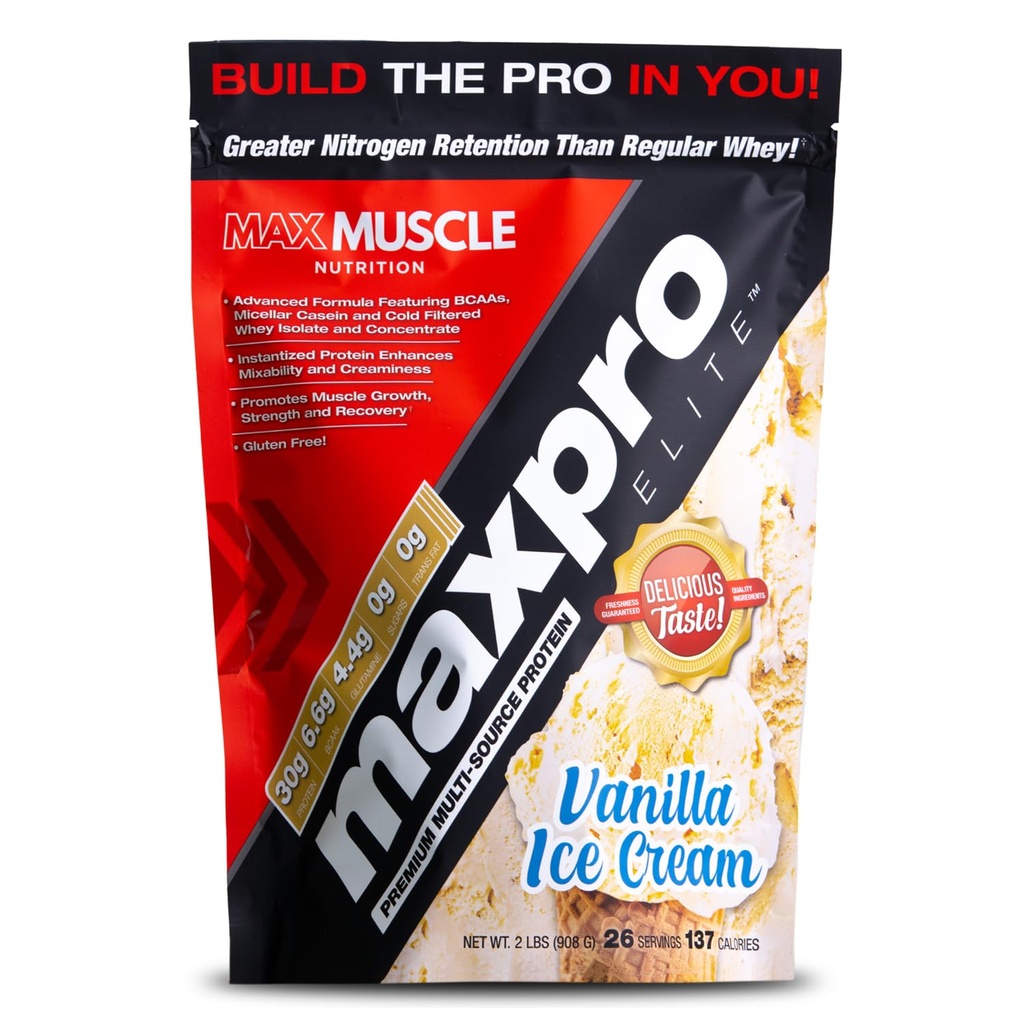 Maxpro Elite Whey Protein Powder | 30g Protein | 0g Sugar | 6.6g BCAA | Micellar Casein Cold Filtered Whey Isolate Protein | 근육 성장 및 회복 촉진 (반라 아이스크림 2lb)