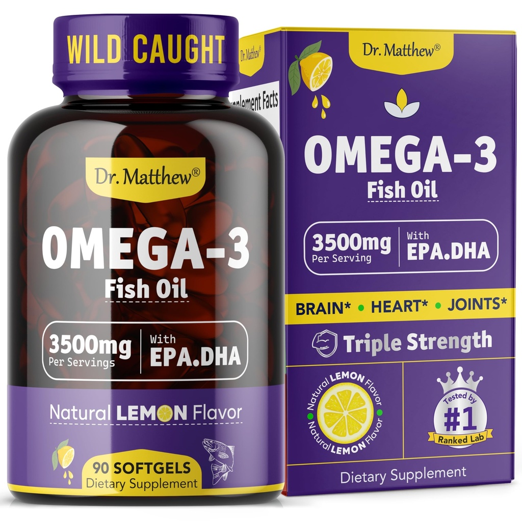 오메가-3 물고기 기름, 3500 mg, 높은 EPA & DHA – 물고기 맛 없음, 삼키기 쉽게, Burpless, 자연 레몬 – 지원 심장, 두뇌 & 합동 건강 – 90 Softgels – 야생 잡음.