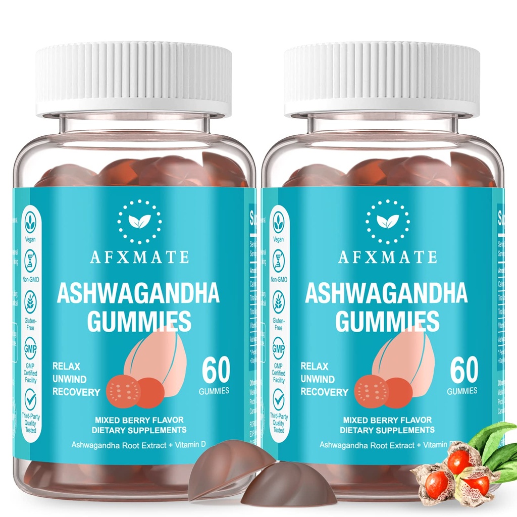 AFXMATE Ashwagandha Gummies & 남자 & 여자를 위한 비타민 D Gummies 120 조사 Aswangdha 보충교재 (비 GMO, 설탕 자유로운 & 글루텐 자유로운)