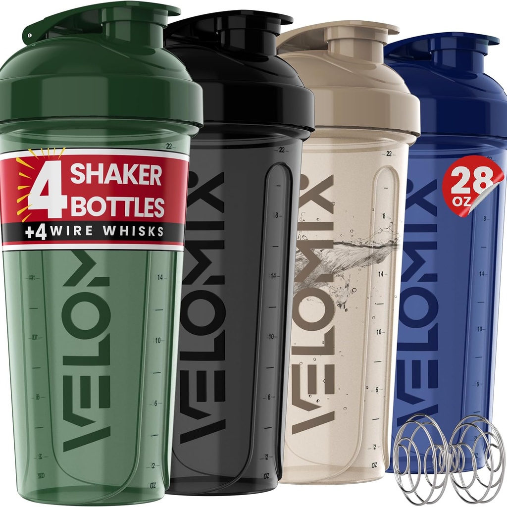 VELOMIX -4 PACK- 28 oz Shaker Cup for Protein Shakes - 4x Wire Whisk | 단백질 믹스 용 누출 방지 단백질 셰이커 병 | 단백질 셰이커 병 팩 | 단백질 쉐이크 용 믹서 (Forest Edge)