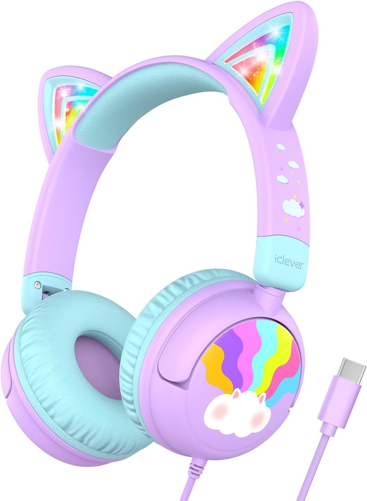 iClever Kids 헤드폰 USB C, LED 조명, 85dBA 안전 볼륨, 여행 학교 용 스테레오 사운드 유아 헤드폰, 아이 패드 태블릿 용 아이 헤드폰, Meow Lollipop-Purple