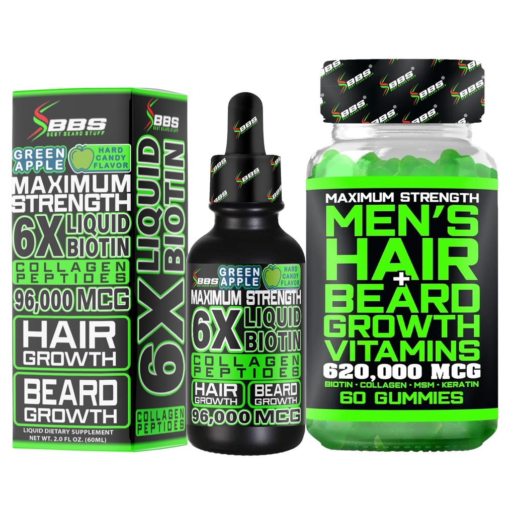 콜라겐 펩티드 + 620,000mcg 14-in-1 BIOTIN Gummies/Beard 성장 비타민 & 남자를 위한 머리 성장 비타민을 가진 Beard 성장 장비 w/6X 액체 BIOTIN 보충교재 - 미국에서 공식화하는