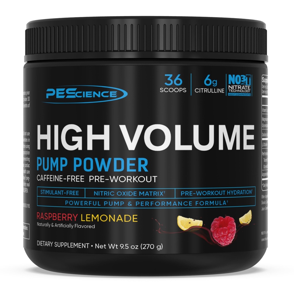 PEScience 높은 볼륨 Stim-Free 사전 운동 펌프 분말, L-Citrulline 및 L-Arginine Nitrate, 남성과 여성을위한 비 자극 Preworkout - 36 Scoops, 라즈베리 Lemonade