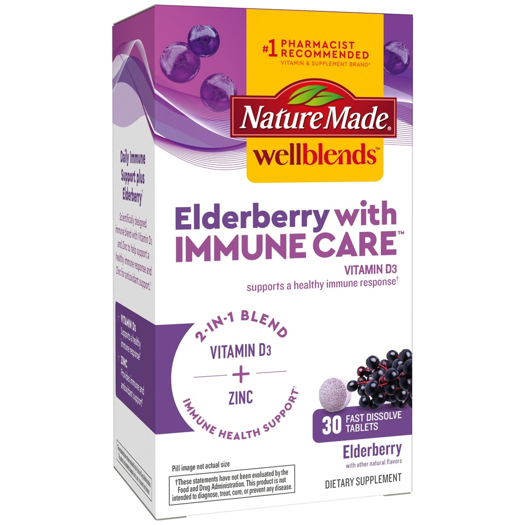 Nature Made Wellblends Elderberry with ImmuneCare, 비타민 D3 및 아연, Elderberry 맛, 30 빠른 용해 정제