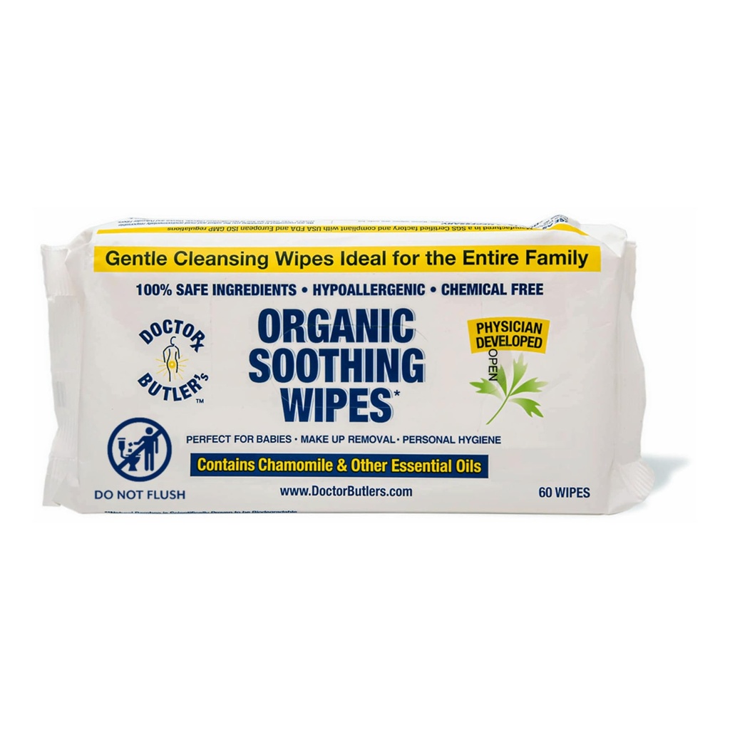 의사 Butler의 Soothing Wipes - 민감한 피부, 얼굴 닦기를 위한 다목적 젖은 닦음, 그리고 Chamomile와 정유를 가진 아기 닦음* (1 팩 – 60 조사)