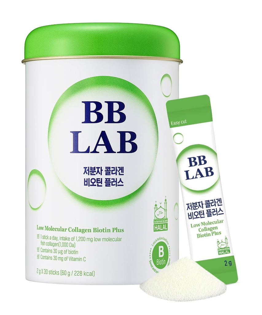 BB LAB 낮은 분자 교원질 Biotin 플러스, Halal 교원질, 분말 보충교재, 한국 바다 교원질, 물고기 교원질 펩티드, Biotin, 비타민 C, 빠른 흡수, 빛나는 Muscat 풍미