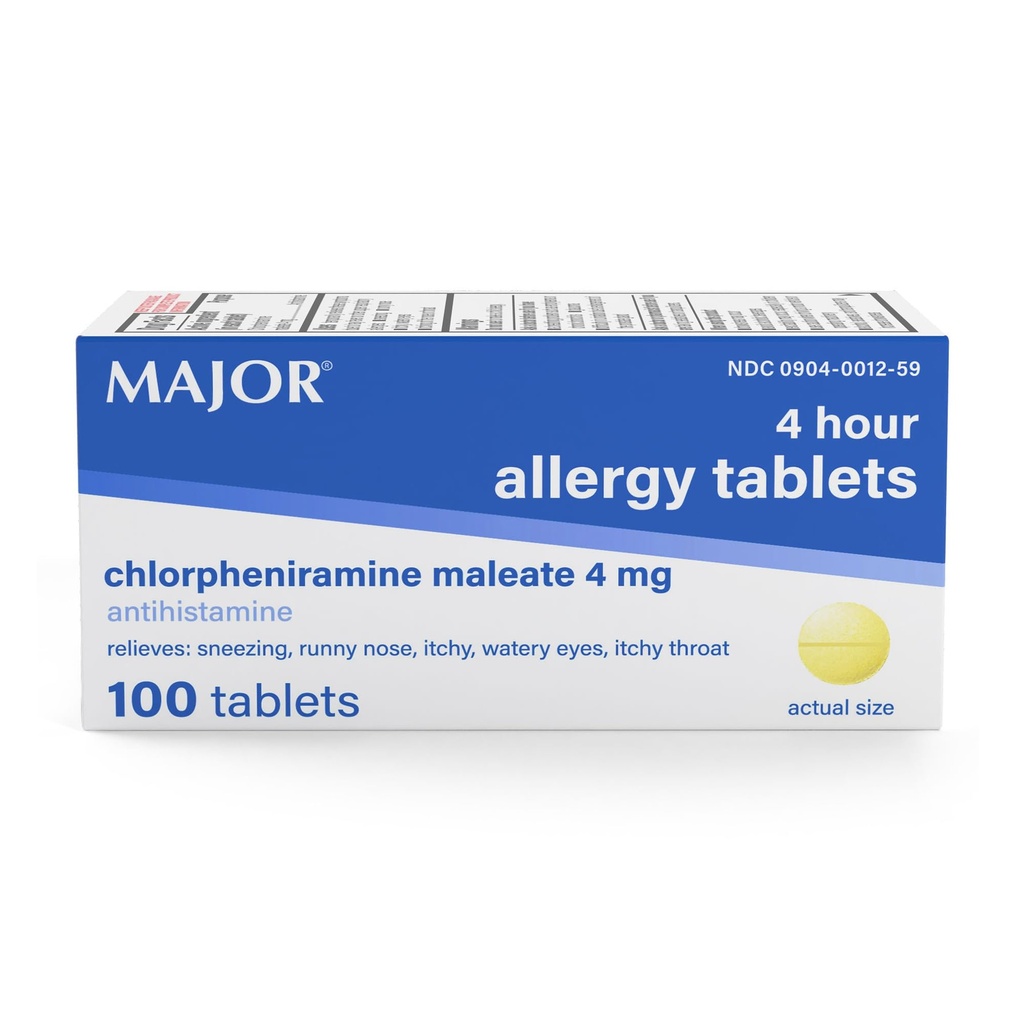 MAJOR 4 Mg 알레르기 정제 - Chlorpheniramine Maleate 4-Hour Allergy Medicine - Sneezing, Itchy Watery Eyes, Itchy Throat 및 Runny Nose의 기복을위한 항히스타민 - 100 개 (1 팩)