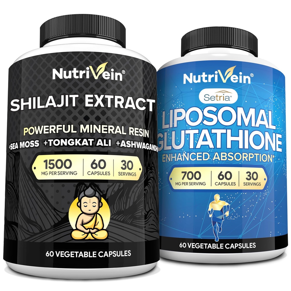 Nutrivein 프리미엄 Shilajit 캡슐 & Liposomal 글루타티온 보충 뭉치: 남자 & 여자를 위한 높은 흡수 글루타티온 Liposomal & Shilajit 캡슐 - 간, Detox, & 활력