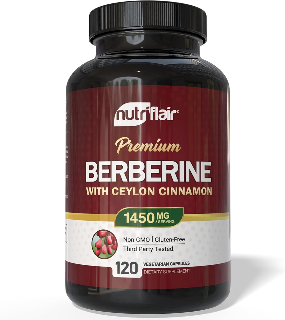 Ceylon Cinnamon 1450mg 보충교재를 가진 NutriFlair Berberine – 120의 캡슐 | Berberine HCl & 유기 Ceylon Cinnamon를 가진 높은 힘 공식 | 비 GMO, Vegan, 글루텐 자유로운