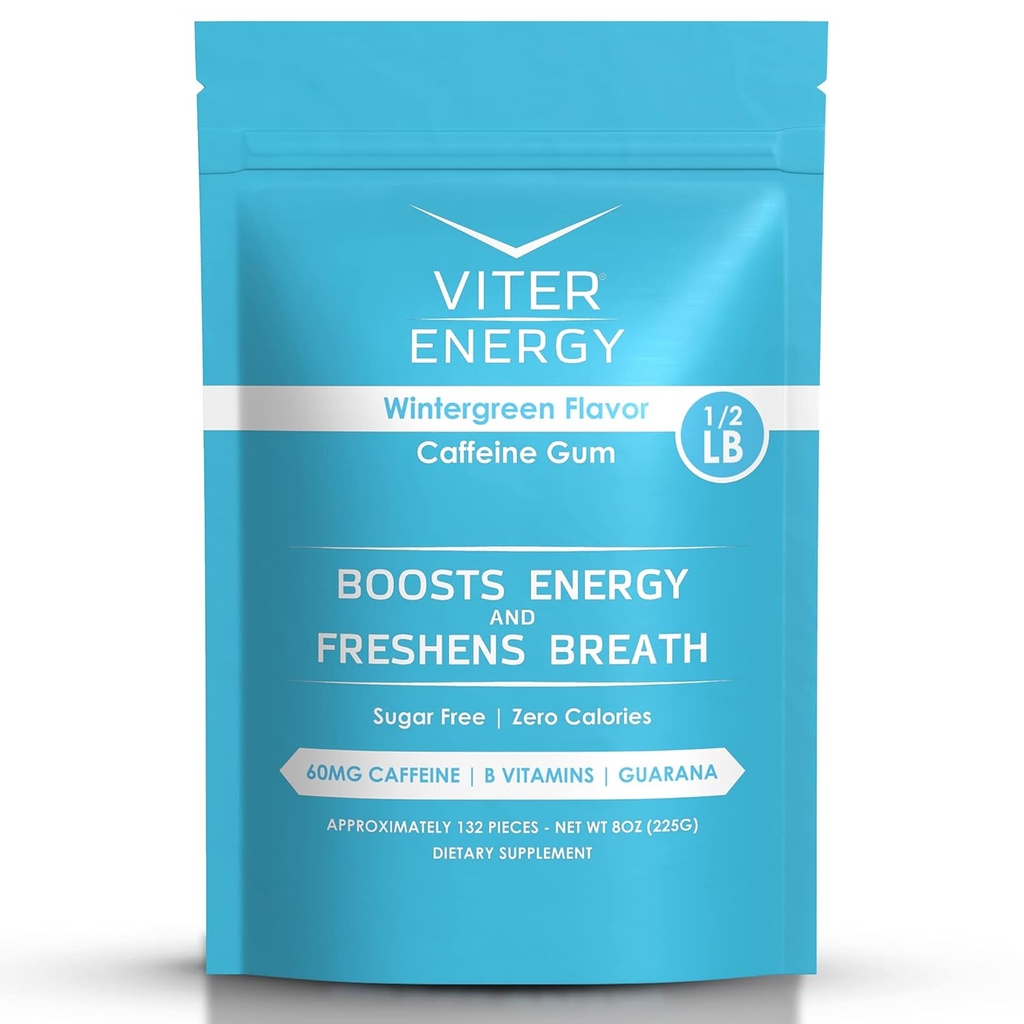 Viter Energy Caffeinated Gum 60mg 카페인, B 비타민, 과라나, 설탕 무료. (겨울 녹색, 8oz, 대량 가방)