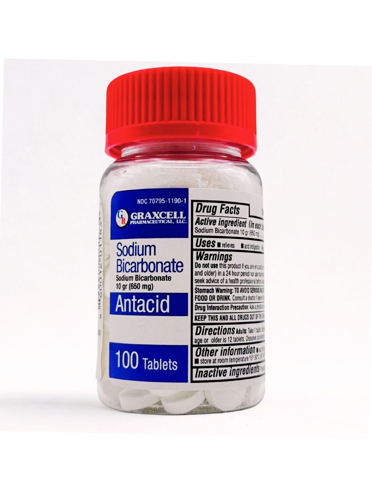 나트륨 중탄산염 정제 |USP 650mg (10 곡물) |산인디제이션, 하트번, 슈스토마치, 업셋스토마흐 | 신장 건강 | 100개
