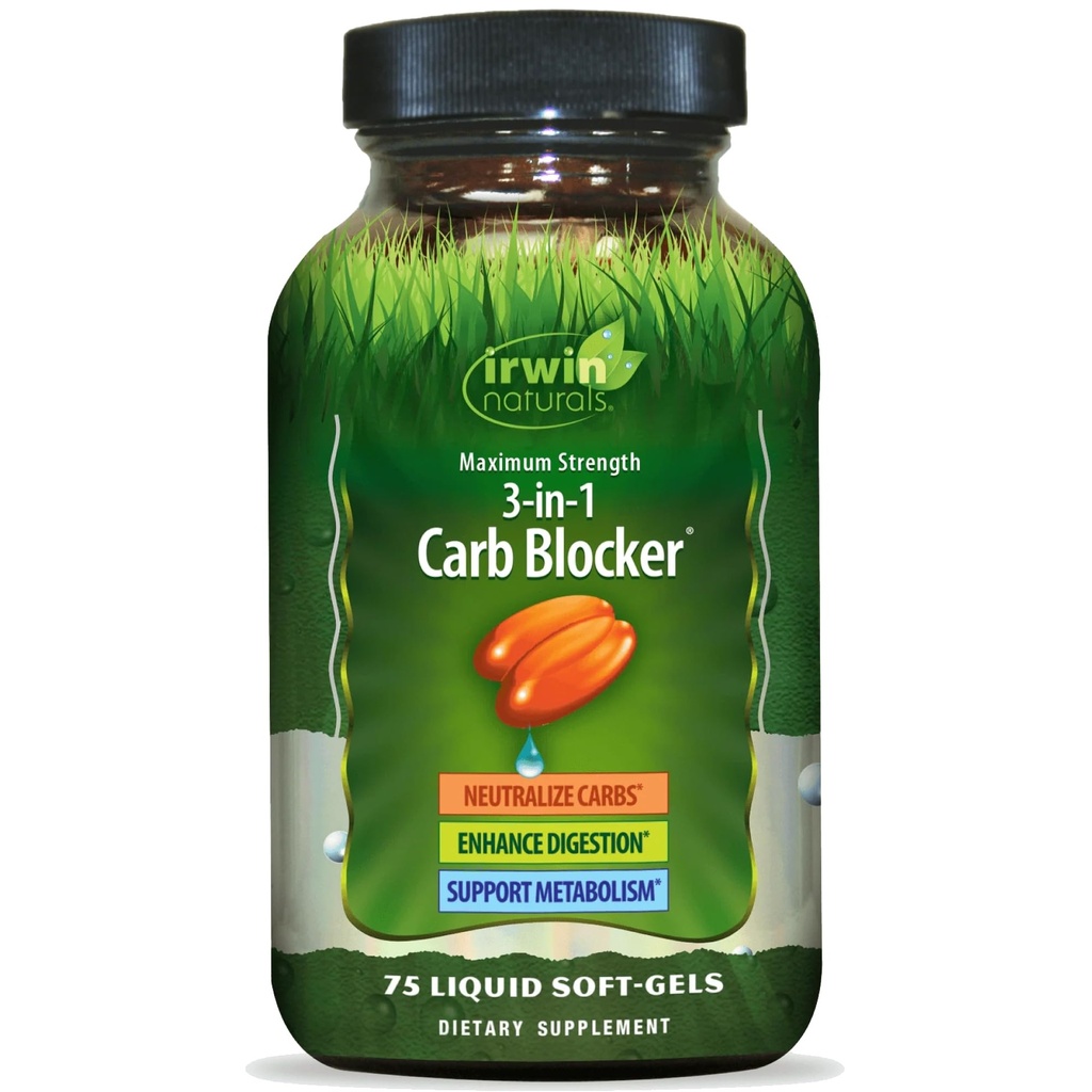 Irwin Naturals 최대 강도 3-in-1 Carb Blocker, 탄수화물 및 지원 Metabolism, 75 액체 Softgels, 2 팩
