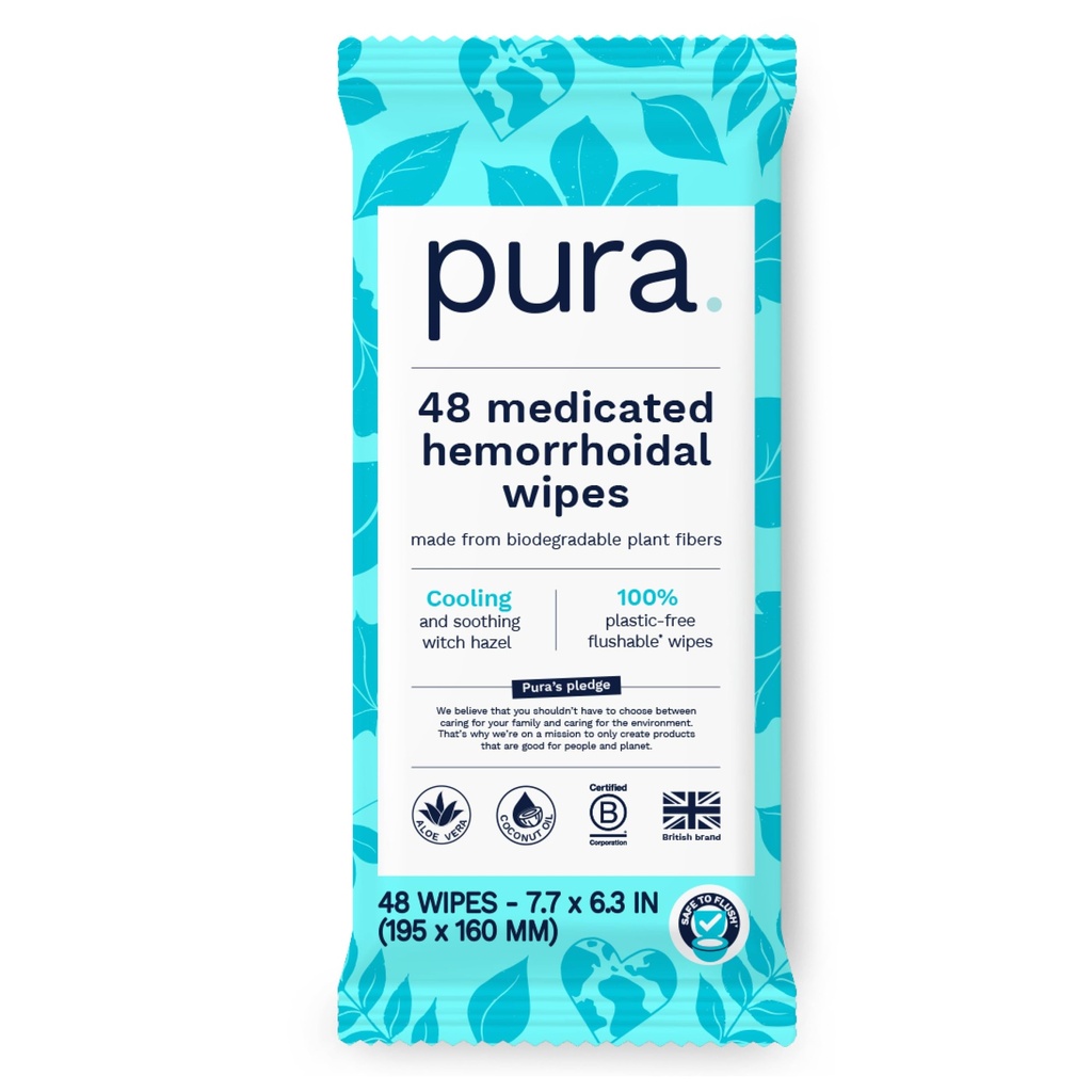 Pura Flushable Hemorrhoid Wipes XL, 48의 조사, 냉각 바느질 Hazel, 알로에 & 코코넛 기름, 빠른 기복, 향수 자유로운, 100% 플라스틱 자유로운