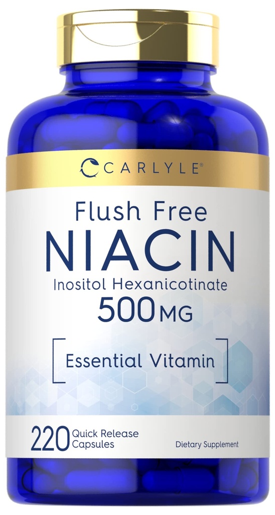 Carlyle Niacin Flush 무료 500mg | 220 캡슐 | 비 GMO 및 글루텐 프리 필수 비타민
