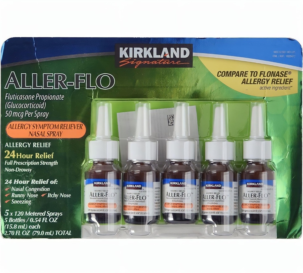 KIRKLAND 서명 Aller-Flo Fluticasone Propionate (Glucorticoid) 5 병 x 병 당 120 미터로 재는 살포 0.54 Fl OZ (15.8 mL x 5) 2.70 OZ 합계 (79 mL 합계) 600 총 살포 합계, 1 팩