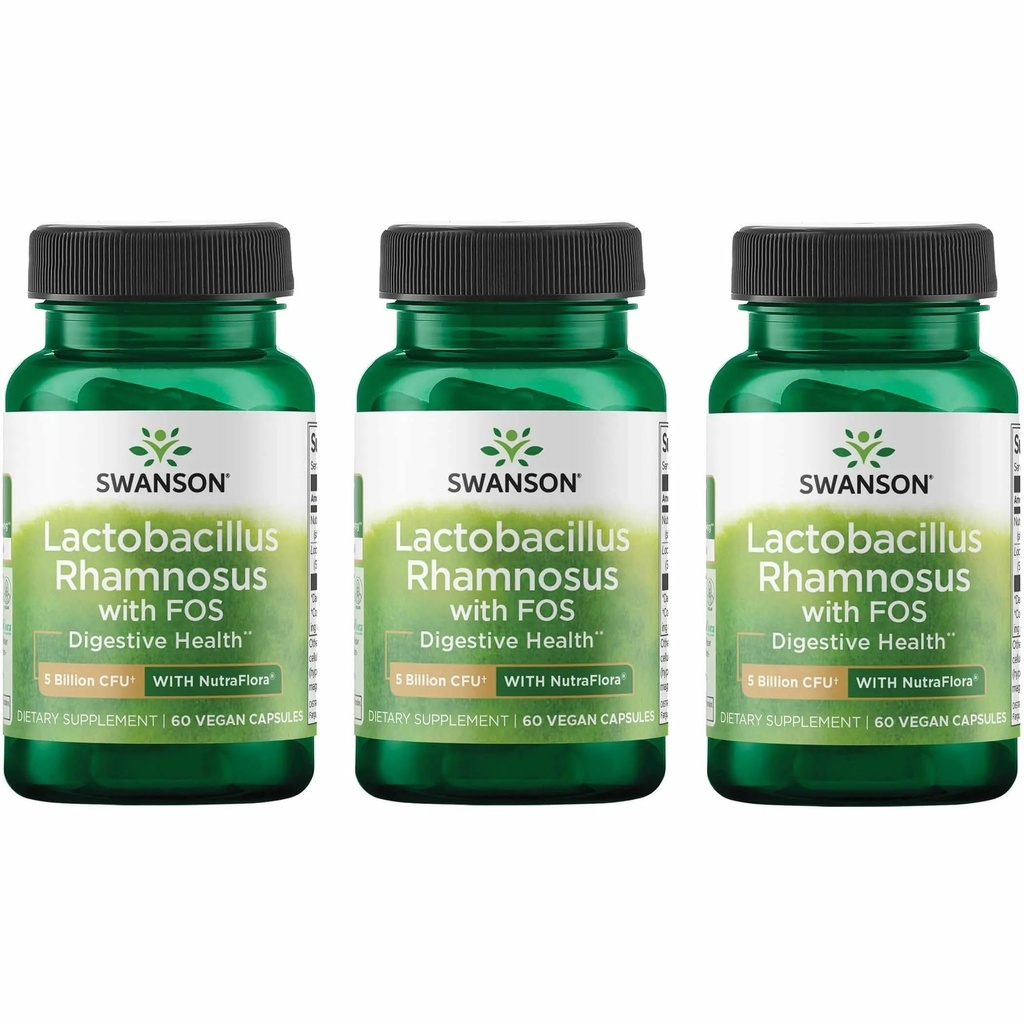 FOS를 가진 Swanson Lactobacillus Rhamnosus - Probiotic 보충교재 지원 소화 건강 - 5억 CFU - 여행 도중 GI Tract 건강을 승진시킵니다 - (60의 Veggie 모자) 3 팩