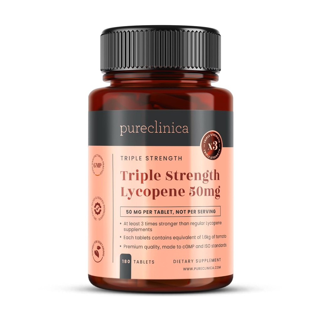 Pureclinica Lycopene 50mg x 180 정제 (6 개월 공급). 일정한 Lycopene 정제의 300% 힘