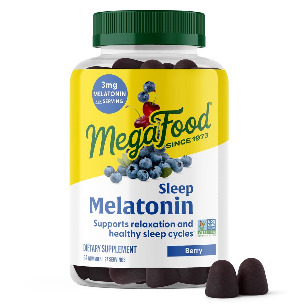 MegaFood Melatonin Gummies - Melatonin 3mg / 서빙 당 Relax & Fall Asleep - 성인을위한 수면 Gummies - Berry flavor, Non-GMO, 공인 Vegan - 54 Count (27 서빙)