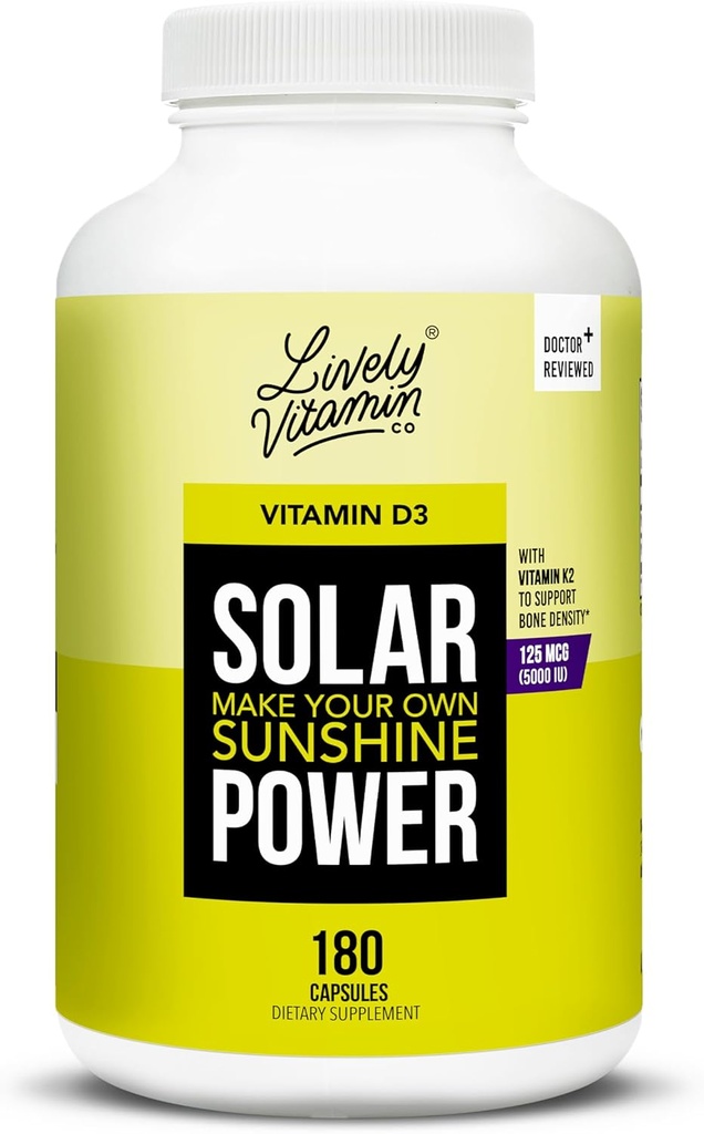 LIVELY VITAMIN CO., 주식 회사 태양 광 발전 비타민 D3 5000 iu - 특허 비타민 K - MK7 - 면역 균형 - 뇌 기능 - 무 - 심장 - 스트레스 - 180 조사