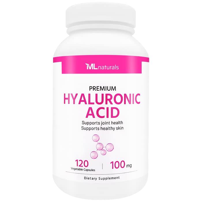 ML Naturals Premium Hyaluronic Acid 100 mg 120 식물성 캡슐, 일 (4 개월 공급), 프리미엄 품질, NSF 인증 및 cGMP 준수.