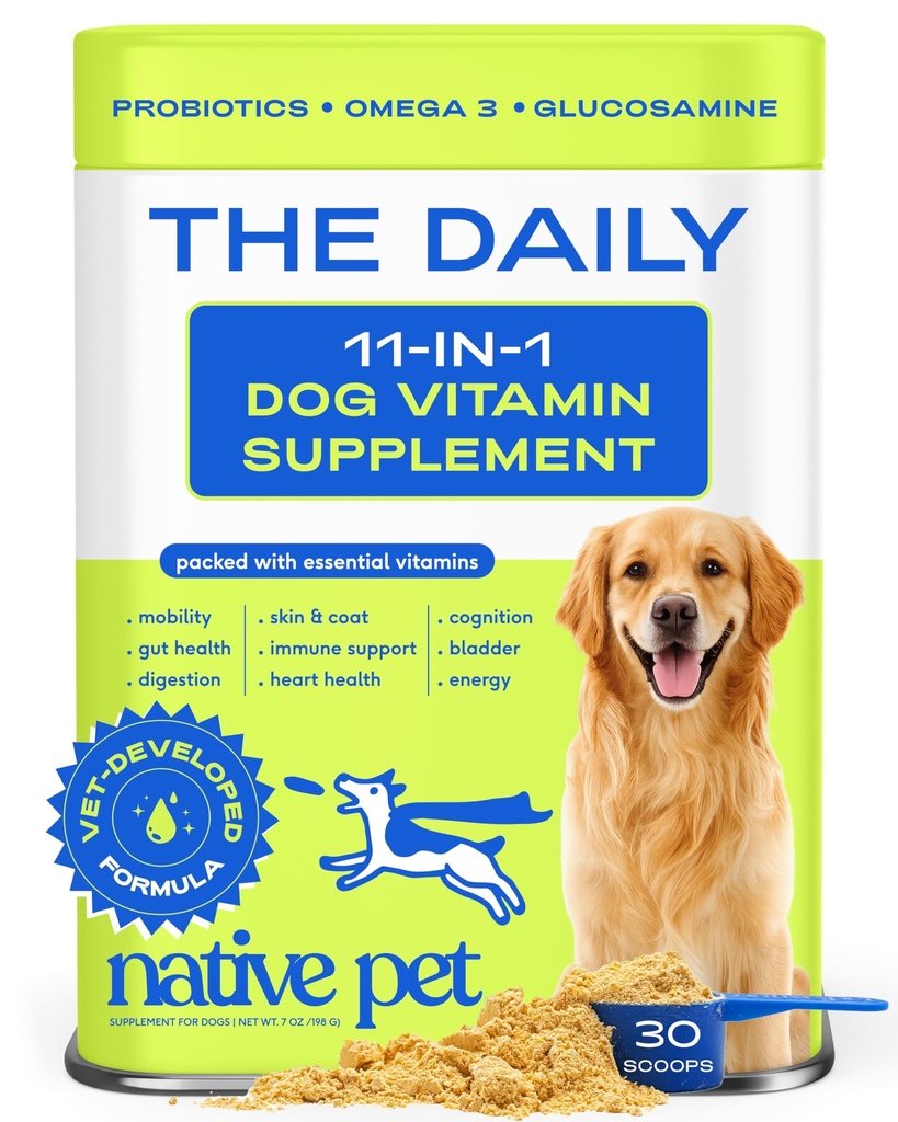 네이티브 애완 동물 개 비타민 및 보충제 - 개 식품 토퍼를위한 11-in-1 Multivitamin 분말 - 콜라겐, 글루코사민, 프로바이오틱스, 오메가 및 더 많은 지원 건강한 구트, 이동성 및 전반적인 건강 -30 Scoops