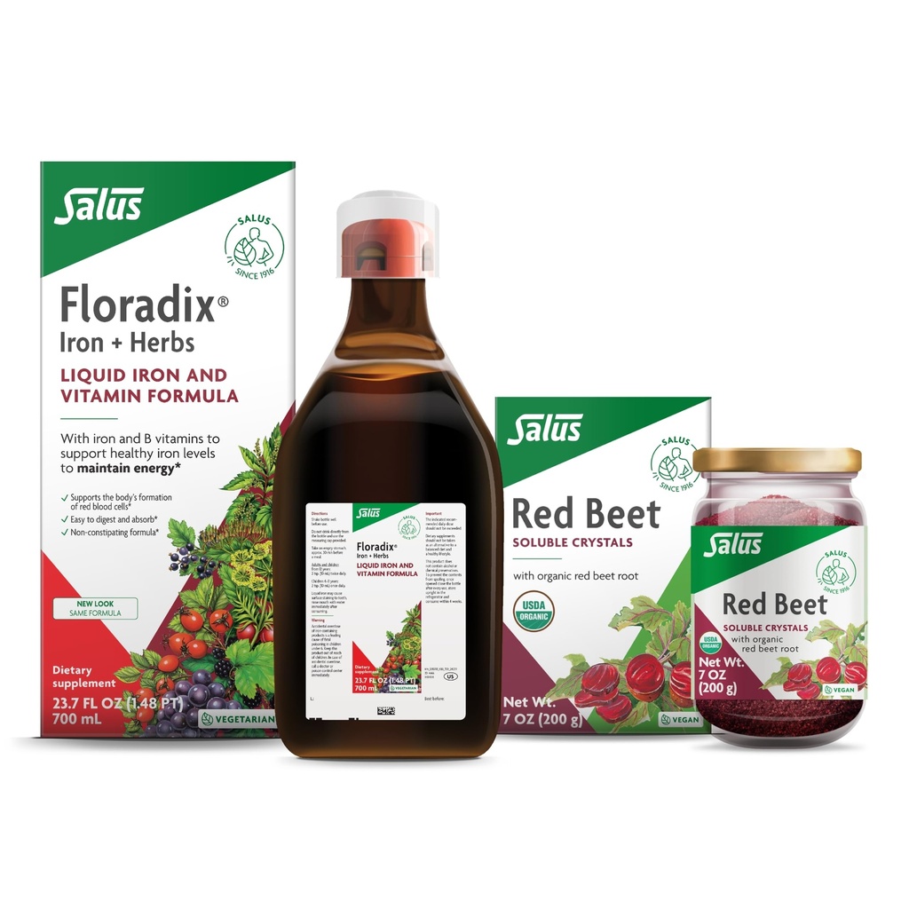 Floradix Iron & Herbs (23.7 oz) & Salus Red Beet Crystals (7 oz) - 건강한 에너지 지원을위한 철 보충 * & 유기농 영양 사탕 뿌리 음료 혼합