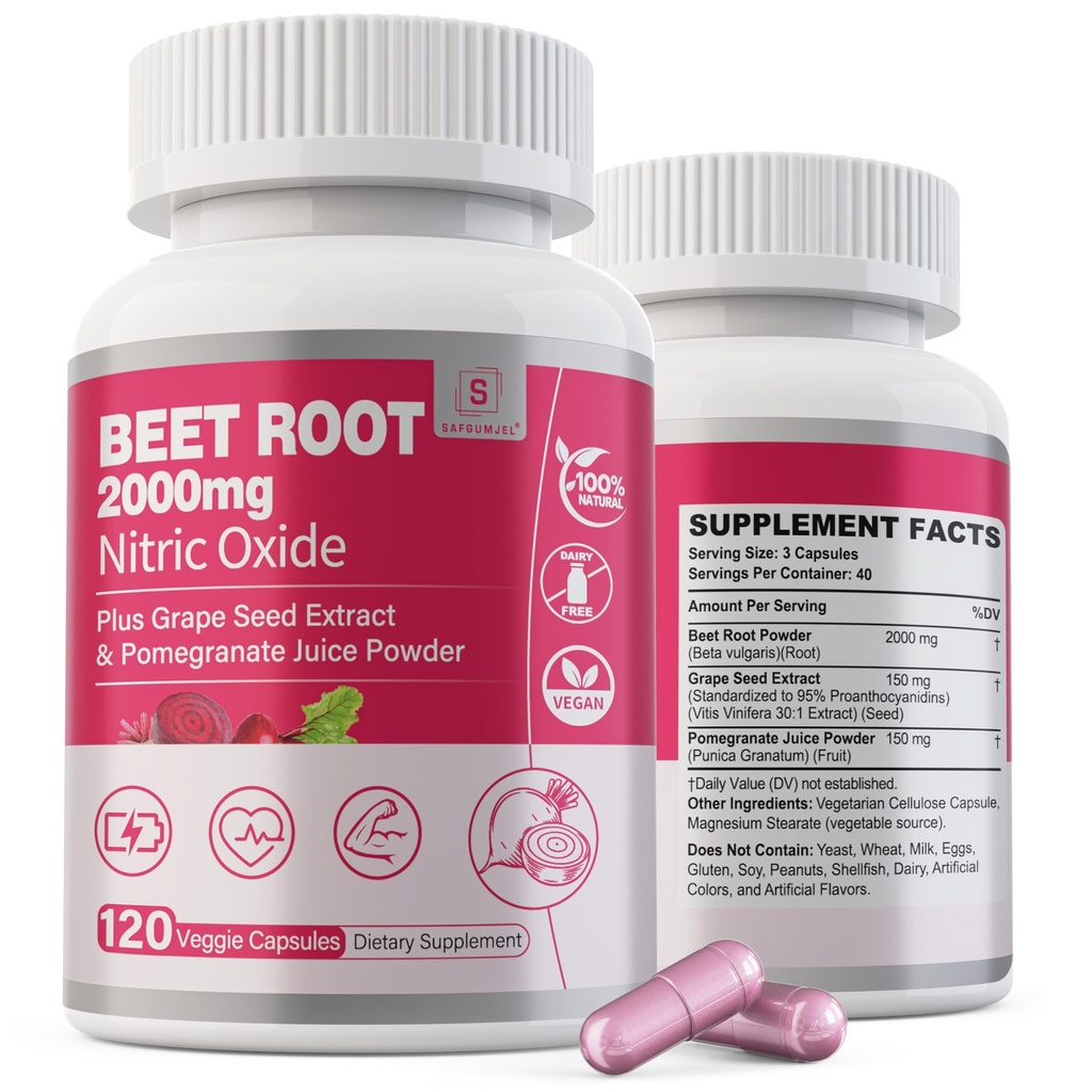 Beet 뿌리 캡슐 2000mg Nitric 산화물은 w/ 포도씨 추출물, 석류 추출물 지원 순환 & 혈액 교류, Men/Women를 위한 에너지, 유기 Beetroot 분말, 비 GMO, 240 조사를 보충합니다