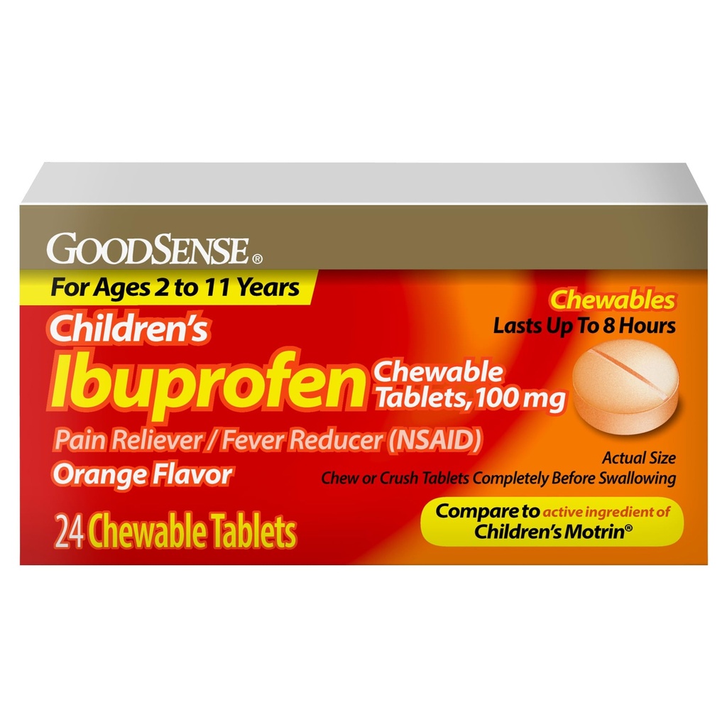GoodSense 아이들의 Ibuprofen Chewable 정제, 100 mg, 24 조사, 고통 Reliever 및 Fever 흡진기 (NSAID), Temporarily는 Fever와 Relieves Minor Aches 및 고통을 감소시킵니다