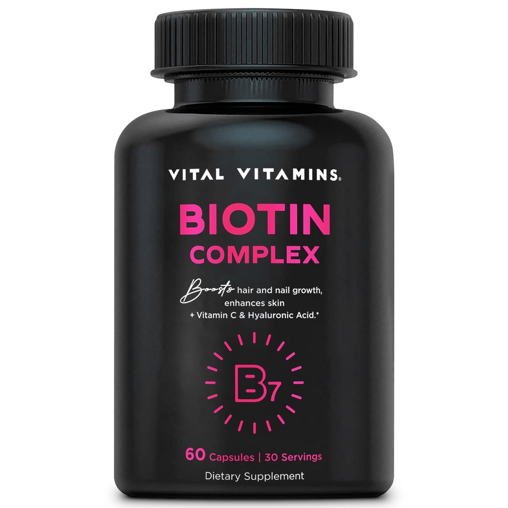 Vital Vitamins Biotin Complex Pills - Hyaluronic Acid, MSM, Collagen, & Vitamin C - 모발, 피부 및 손톱을위한 보충 - 60 캡슐