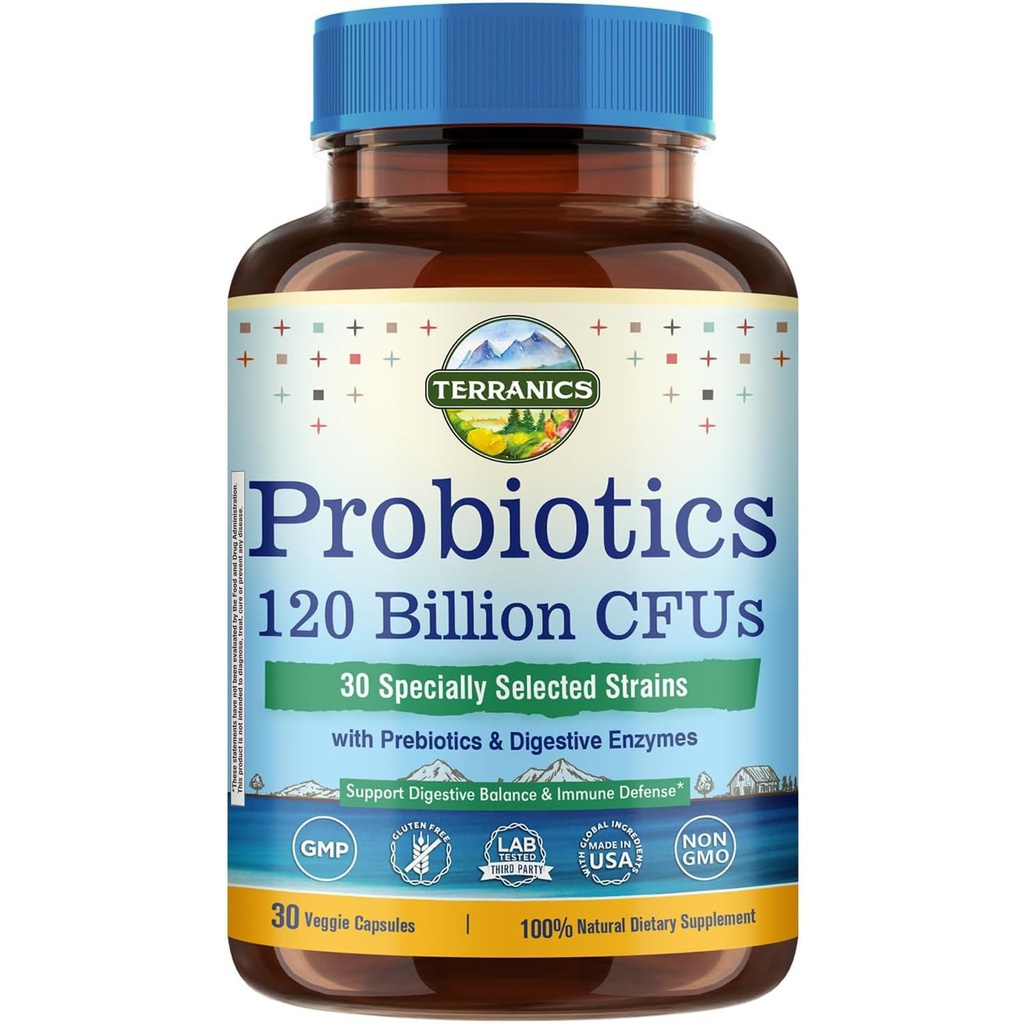 Terranics Probiotics 120 억 Prebiotics & Digestive Enzymes, 30 테스트 된 Strains, 완전한 Digestion & Immune 지원, 비 GMO, NO Soy, Dairy & Gluten, 남성과 여성, 30 Veggie 캡슐