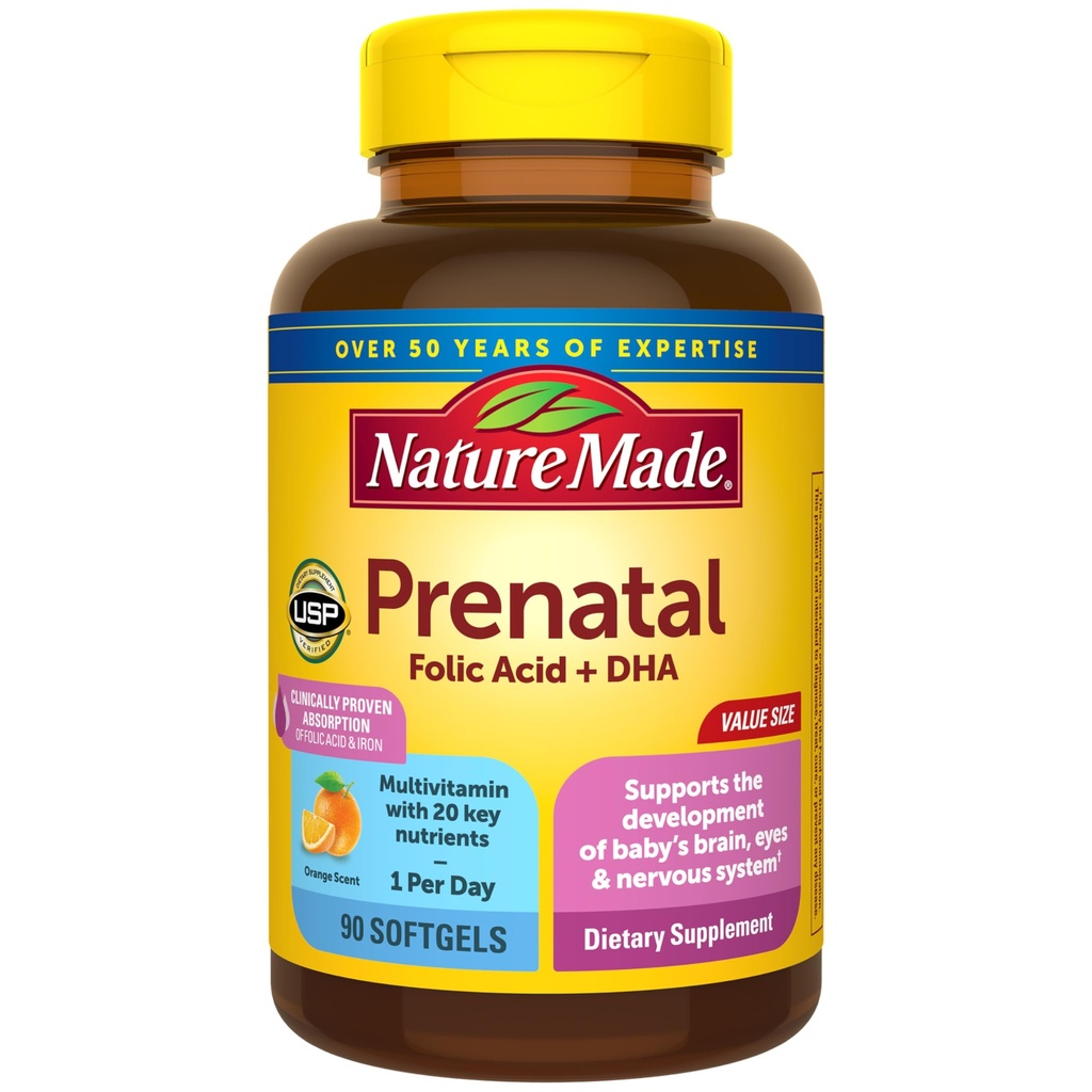 Nature Made Prenatal with Folic Acid + DHA, Prenatal Vitamin and Mineral Supplement for Daily Nutritional Support, 90 Softgels, 90 일 공급