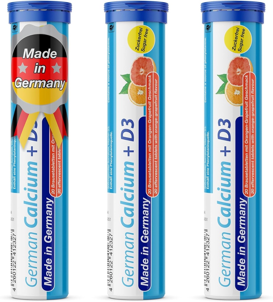 독일 칼슘 + 비타민 D 음료 Effervescent 정제 60 서빙 오렌지-Grapefruit 풍미 - 500 mg 칼슘, 2,5 μg 비타민 D3 - T & D Pharma - 독일에서 만든