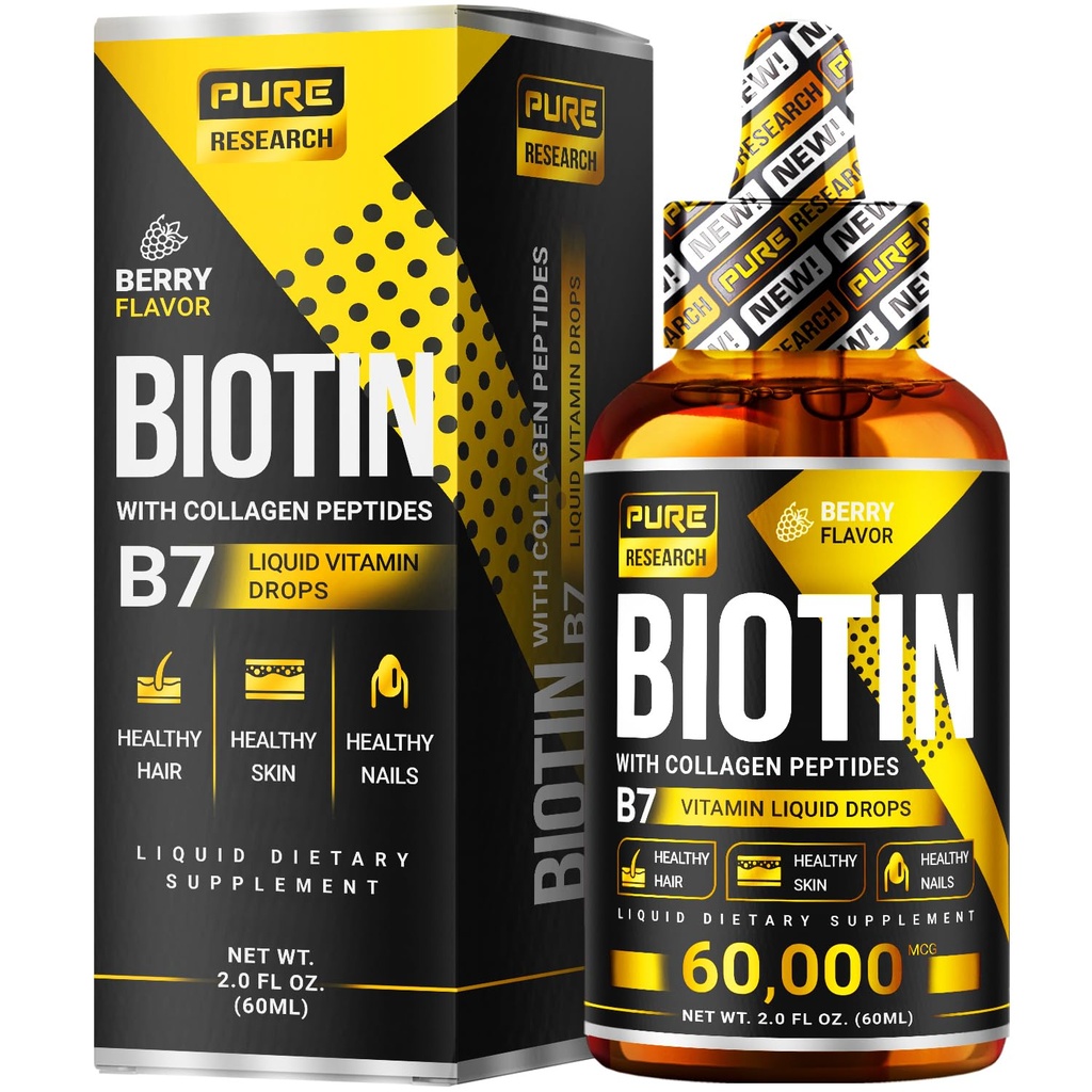 액체 Biotin & 교원질 머리 성장 하락 60,000mcg - 남자 & 여자를 위한 Biotin와 액체 교원질 보충교재 - Glowing 피부 지원, 건강한 머리 & 못 성장 - 2oz