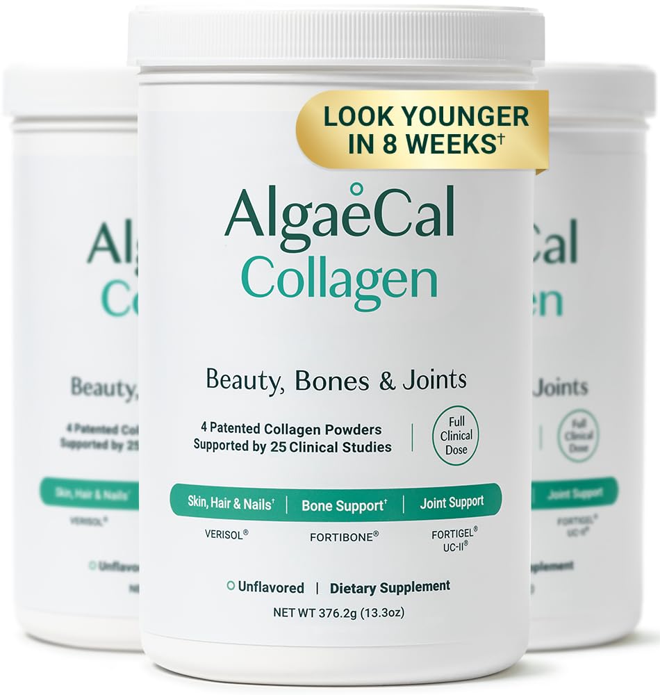ALGAECAL Collagen - 4 임상 지원 펩타이드 VERISOL®, FORTIGEL®, UC-II®, FORTIBONE®, Anti-Aging Hydrolyzed Collagen Powder, 3 팩, 미국에서 만든