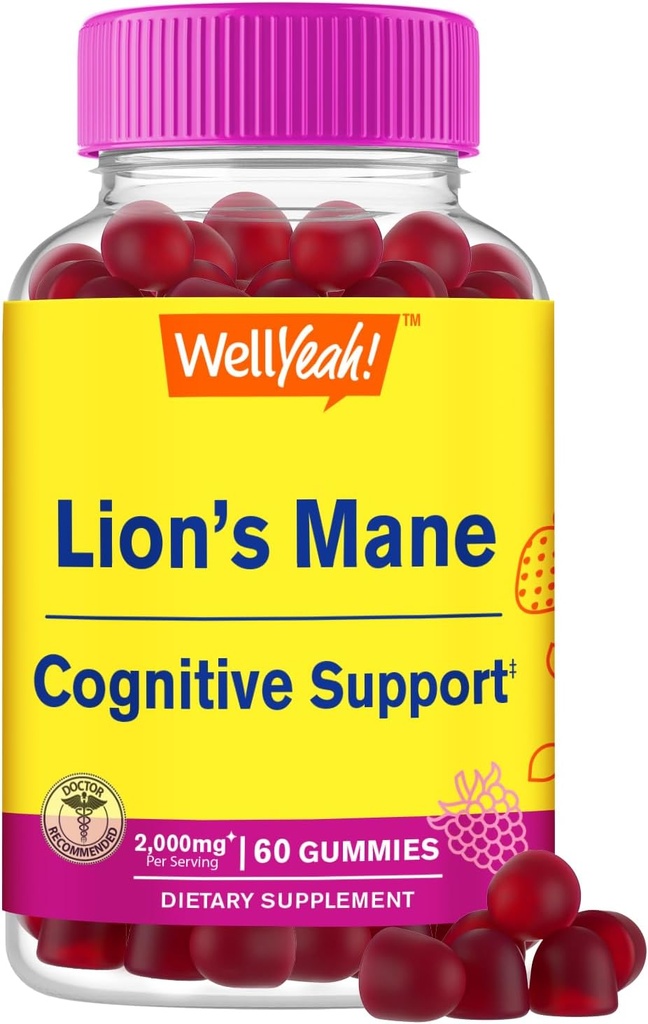웰야 사자 Mane Gummies for Adults (2,000mg) | 사자 Mane Supplement Memory and Focuse Support | 글루텐 프리, 비 GMO | 베리 맛 | 사자 Mane Gummies 60 Count