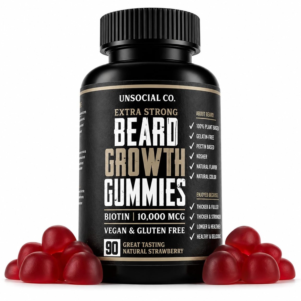 Unsocial Co. Extra Strong Beard Growth Vitamins Gummies | Biotin 10000 MCG | 남성용 강력하고 두꺼운 페이셜 헤어 성장 촉진 | 남성용 Beard Gummies | 딸기