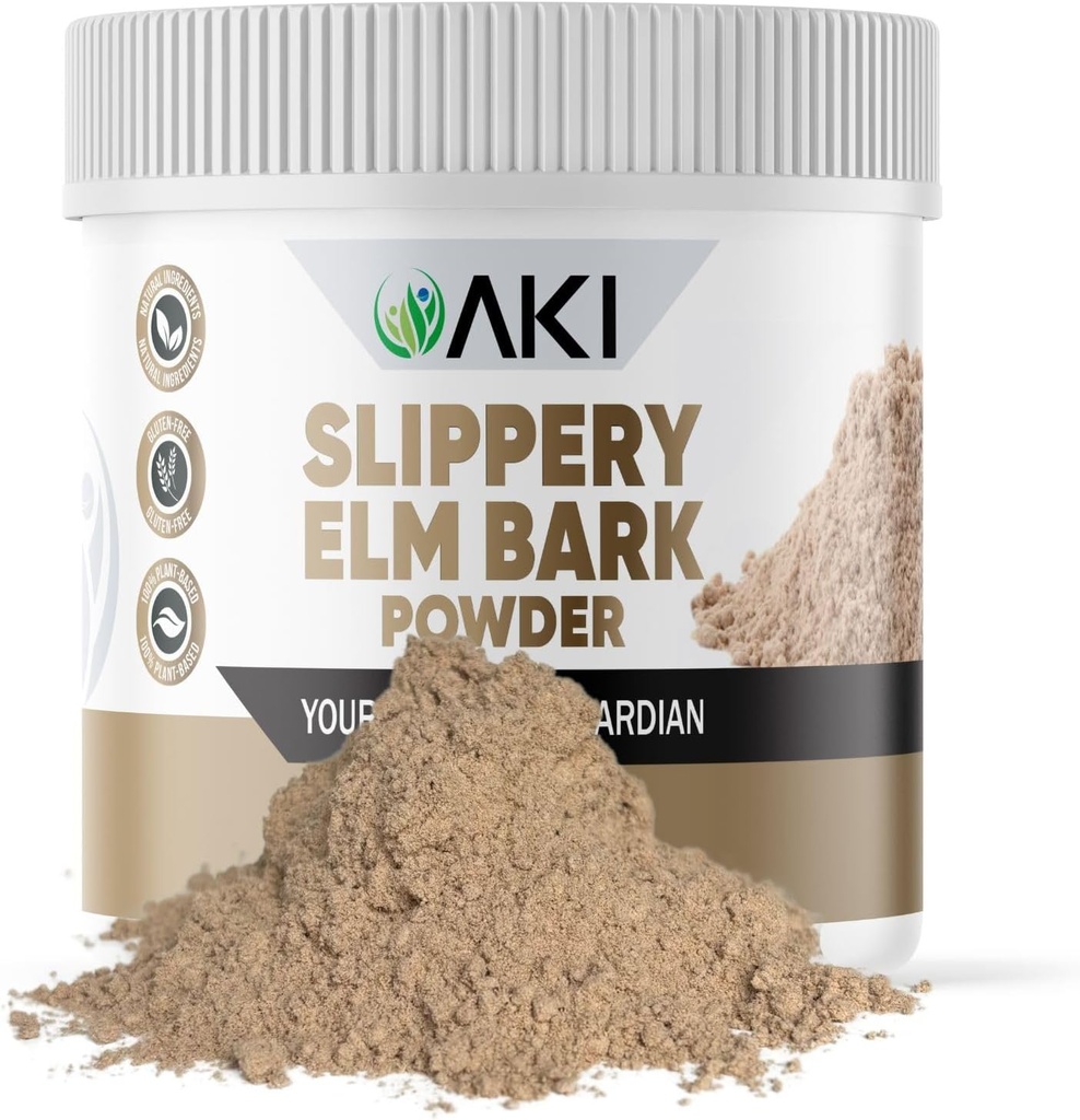 AKI Slippery Elm Bark 파우더 - 식물 기반 단백질, 소화 웰빙 및 스로트 컴포트를위한 소싱 Remedy - Vegan-Friendly, Gluten-Free, Non-GMO 및 인공 첨가제 (4oz / 113g)