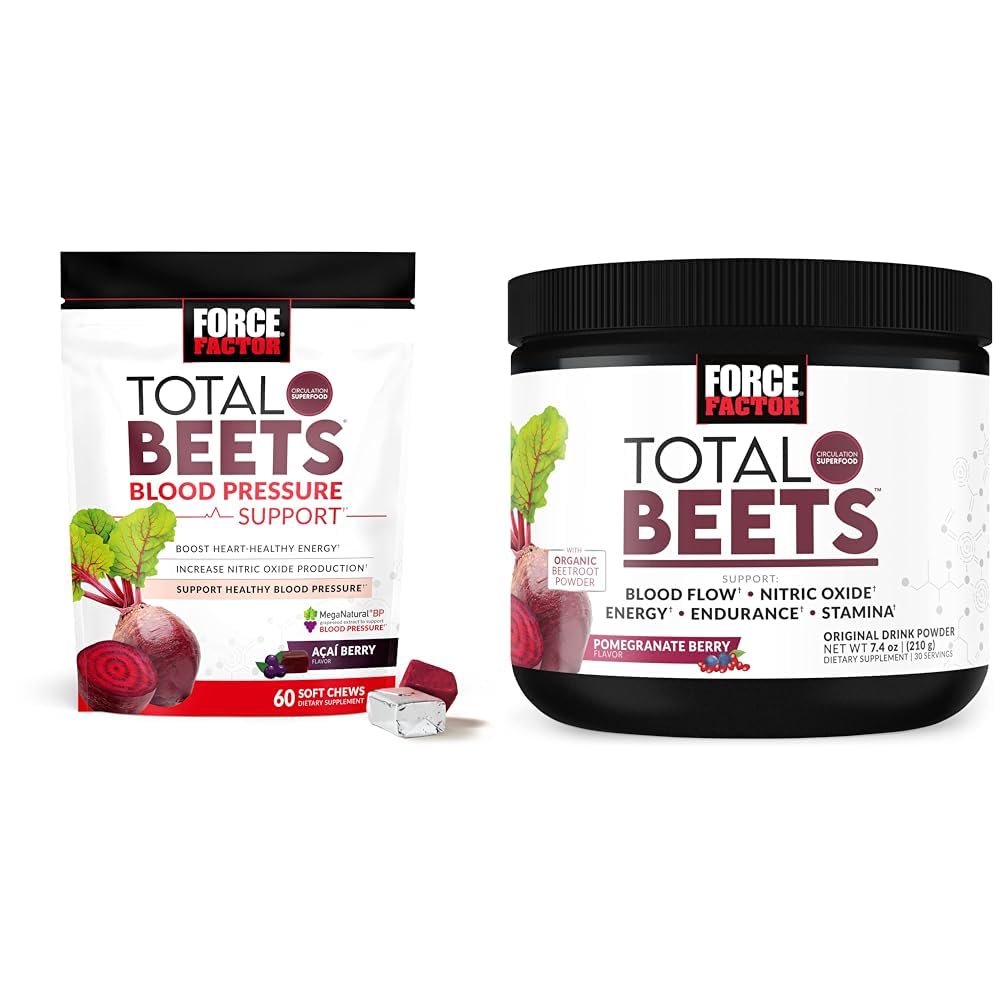 Force Factor Total Beets Blood Pressure Support는 Beet Powder & Total Beets 음료 혼합 Superfood Powder와 Nitrates를 사용하여 Circulation을 지원합니다.