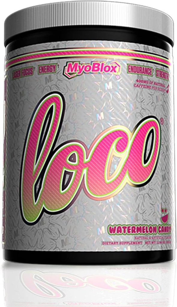 MyoBlox LOCO® Pre-Workout Nitric Oxide Booster | 에너지, 초점 및 인텐시브에 대한 근육 펌프 및 강화 관성 | 스코프 당 천연 카페인 400mg (Watermelon Candy)